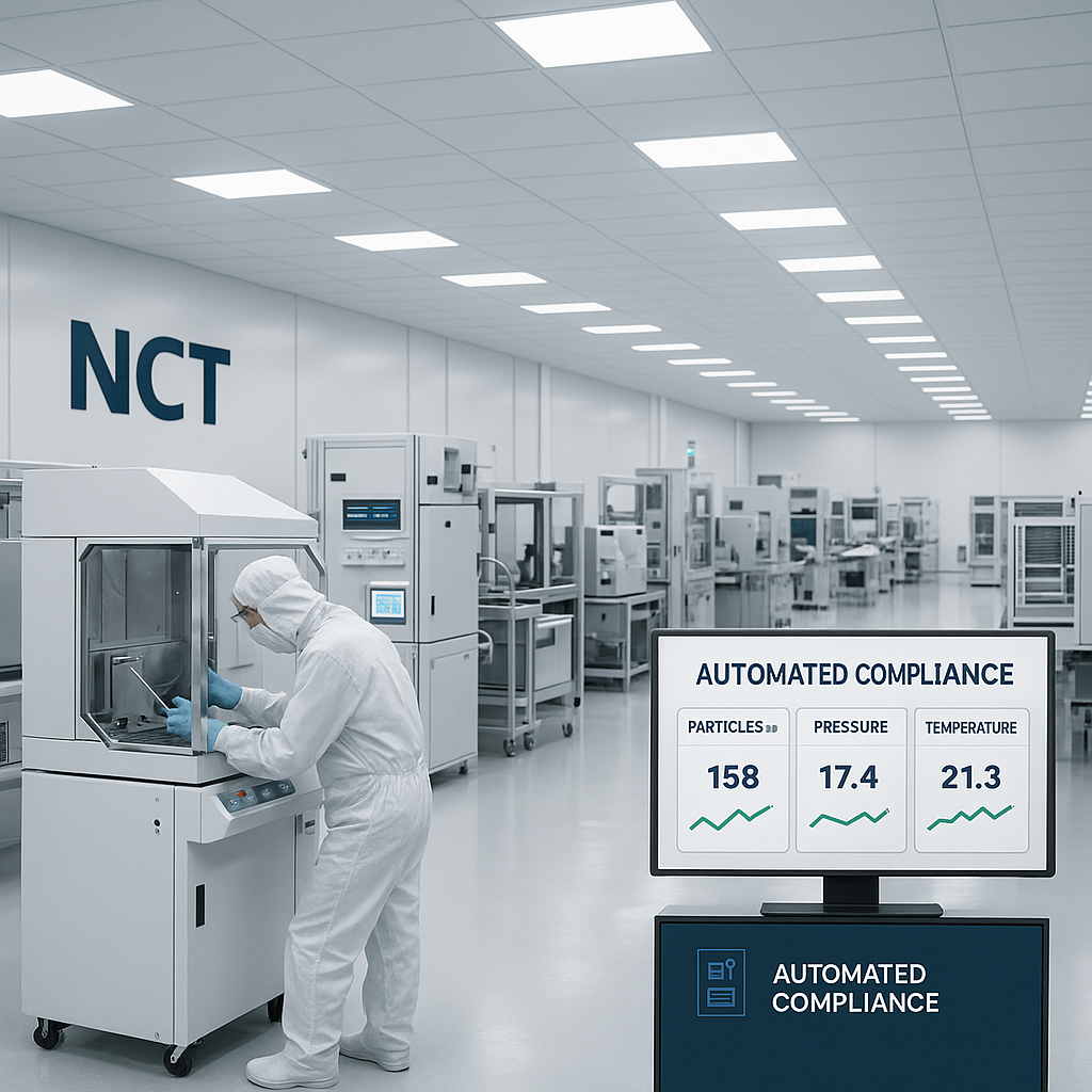 The image depicts a modern cleanroom environment filled with stateoftheart equipment and bright sterile lighting White walls and ceilings reflect the-3