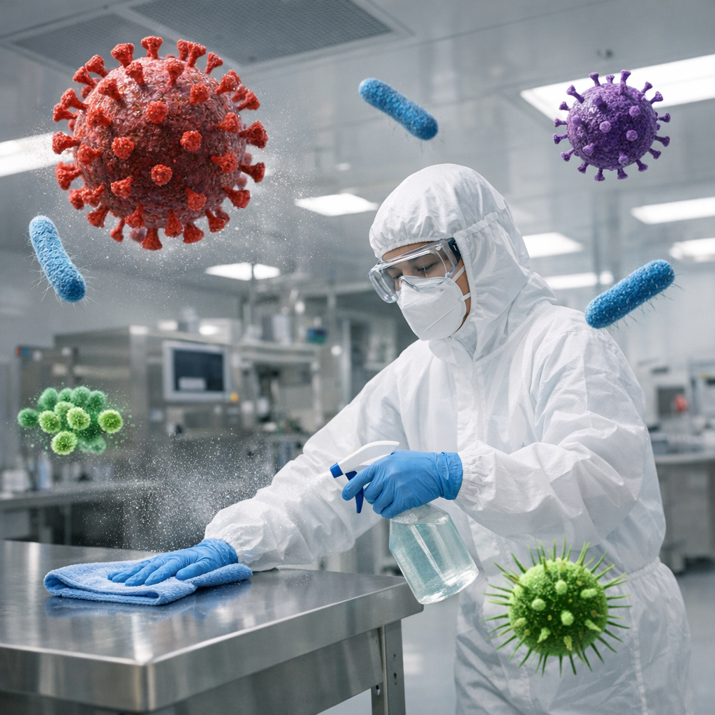 cleanroom cleaning disinfection hovering image of virus and bacteria dont add vacuum cleaner one person only-1