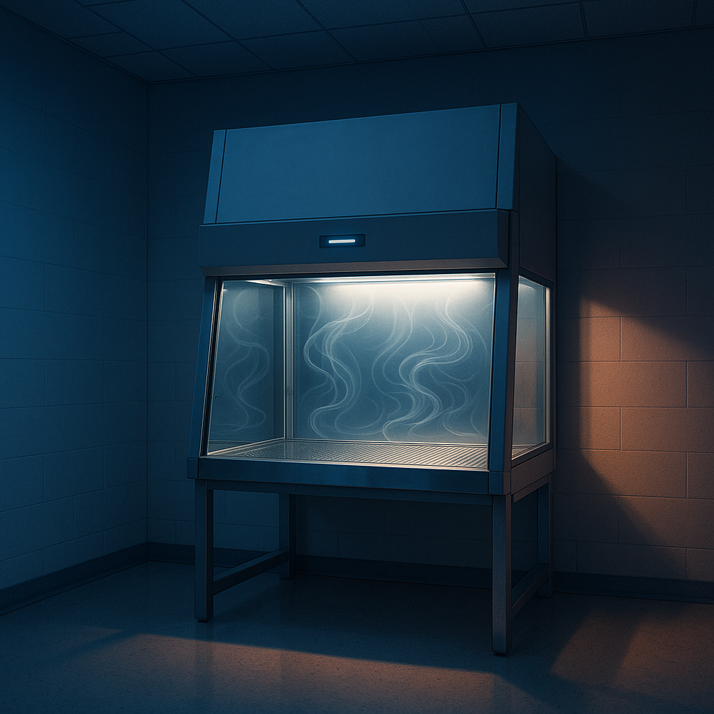 In a sterile empty laboratory setting a sleek biosafety cabinet stands at the forefront its glass panels reflecting the soft glow of overhead lights O